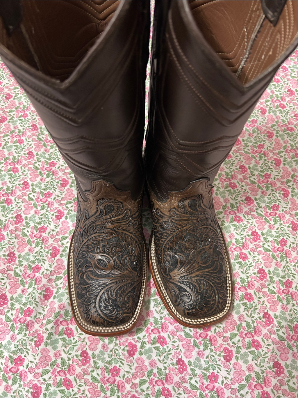 Brown Tooled Leather Cowboy Boots